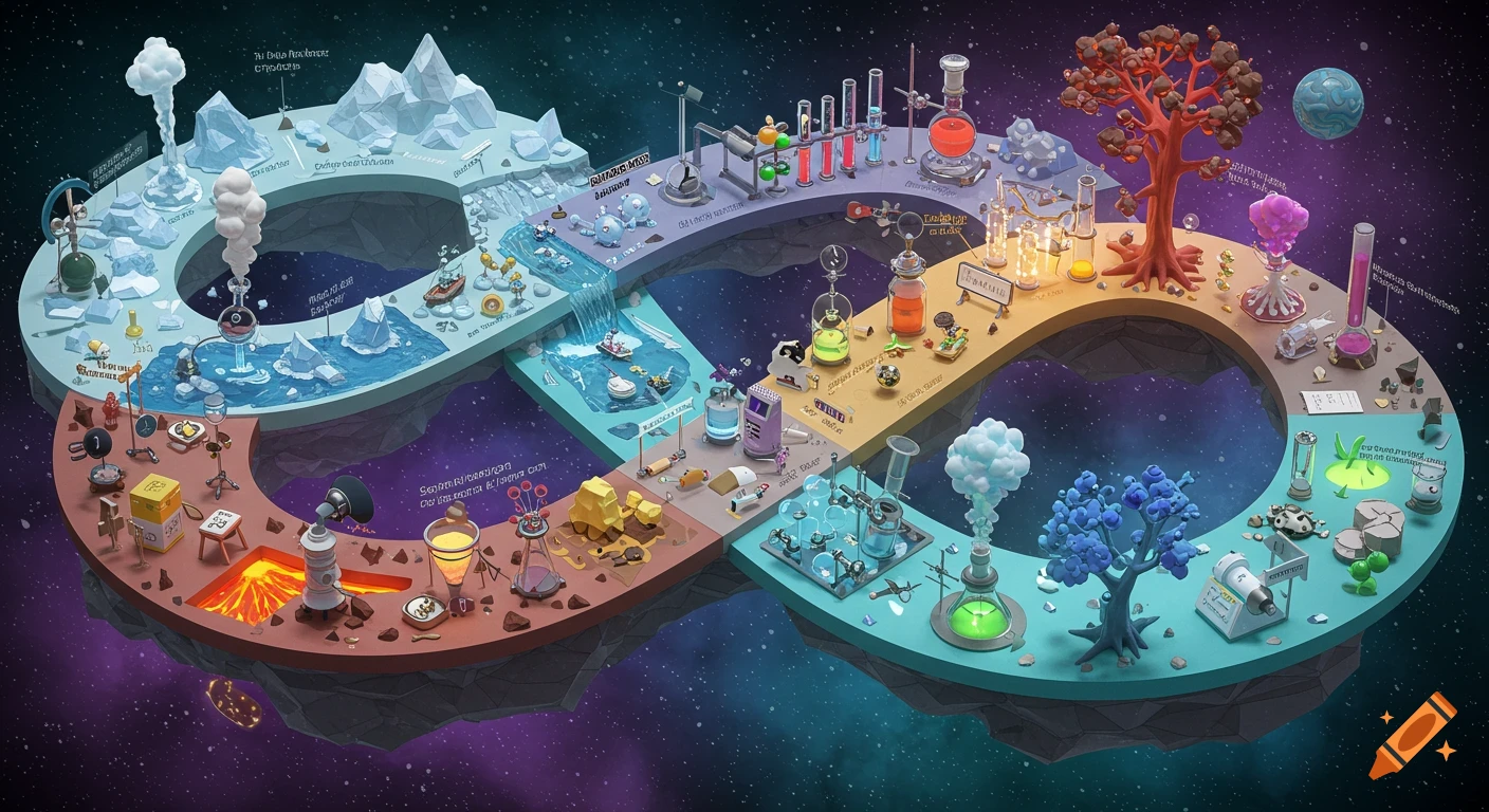 3D rendered illustration of a winding chemistry learning path in space with labs, landscapes, and science elements.