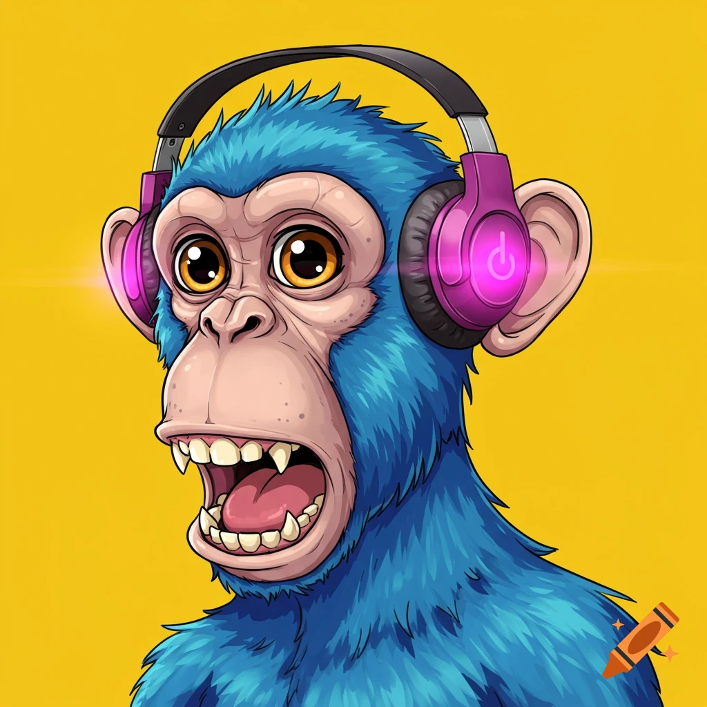 A blue cartoon ape with large eyes and an open mouth wears purple headphones against a yellow background.