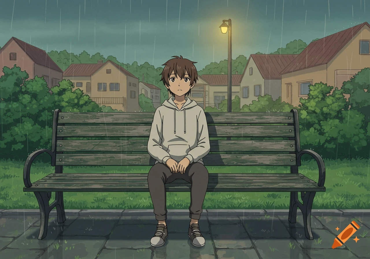 Anime drawing of a boy sitting on a park bench in the rain
