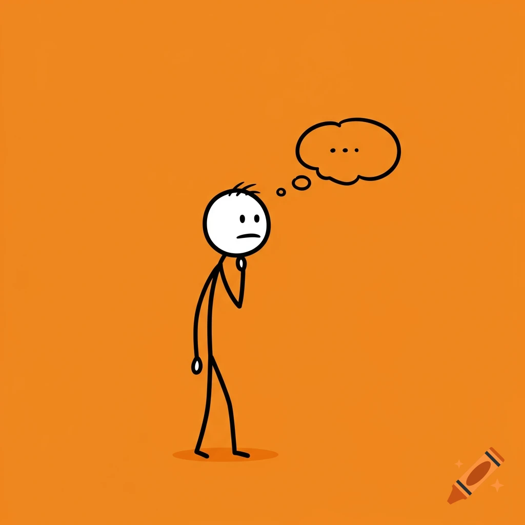 A simple stick figure stands on an orange background with a thought bubble above its head.