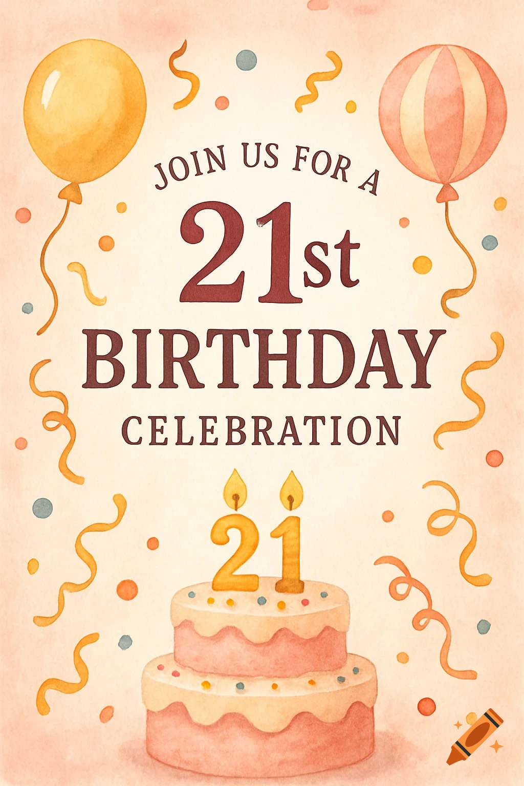 Watercolor illustration of a 21st birthday invitation with balloons, confetti, cake, candles, and text.