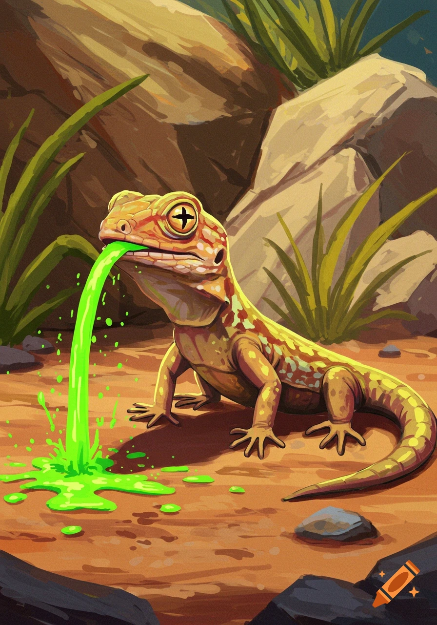 A cartoon-style lizard or gecko vomiting bright green liquid onto the ground in a desert-like environment.