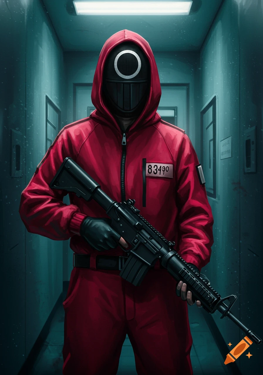 An illustration of a Squid Game guard in a red suit and mask holding a rifle in a hallway.