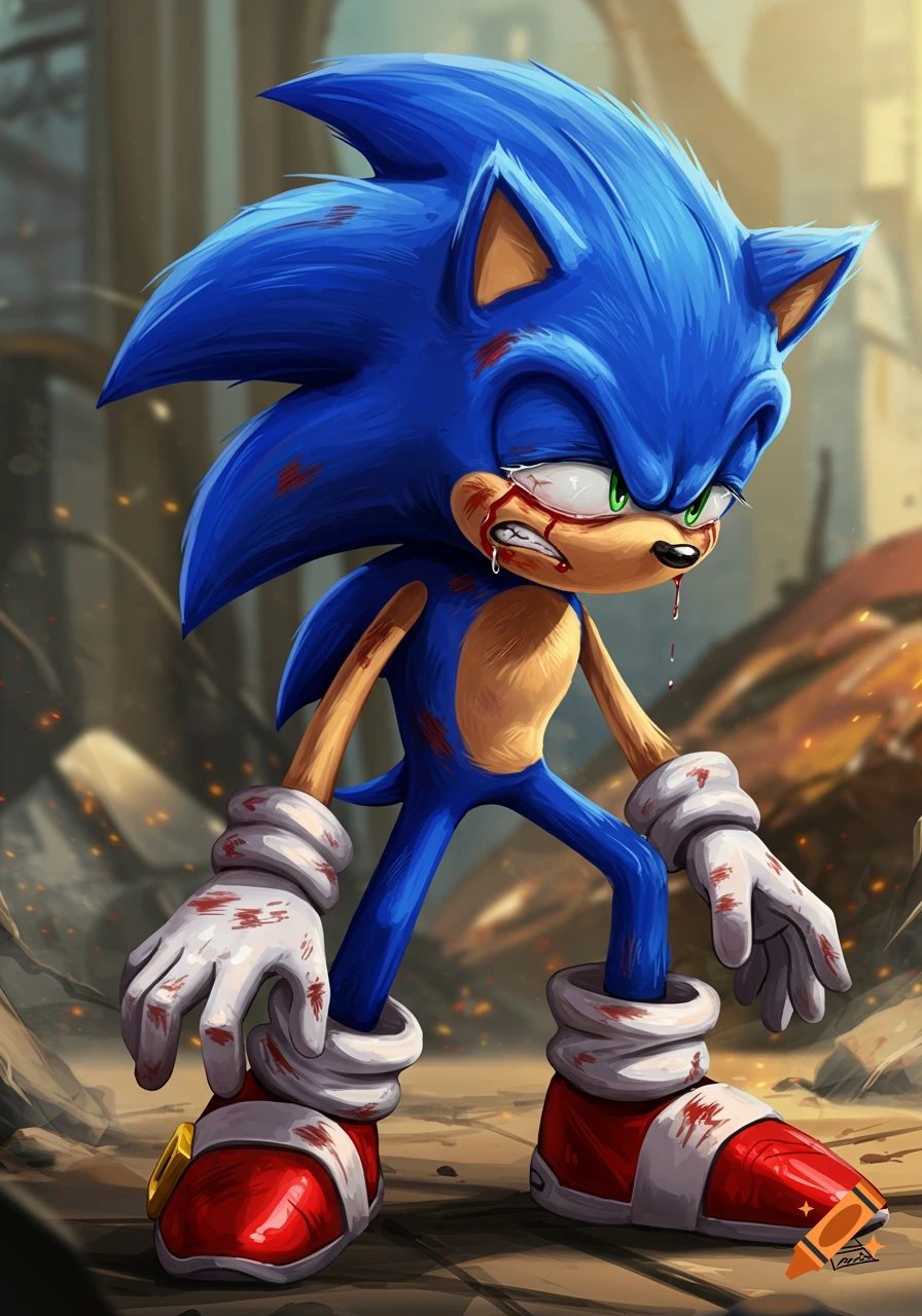 Illustration of an injured Sonic the Hedgehog covered in blood standing in a ruined environment.
