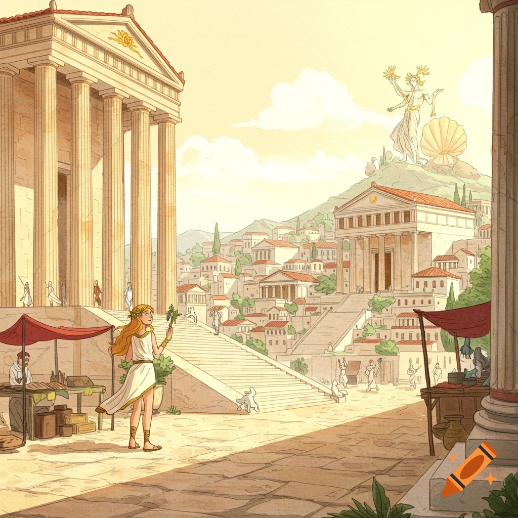 A watercolor illustration of an ancient Greek city with temples, a large statue on a hill, and people in the streets.
