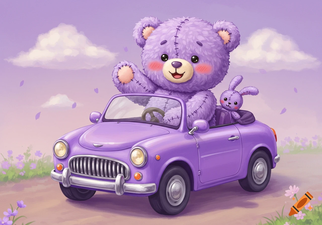 A cute purple teddy bear and bunny ride in a purple convertible car illustration.