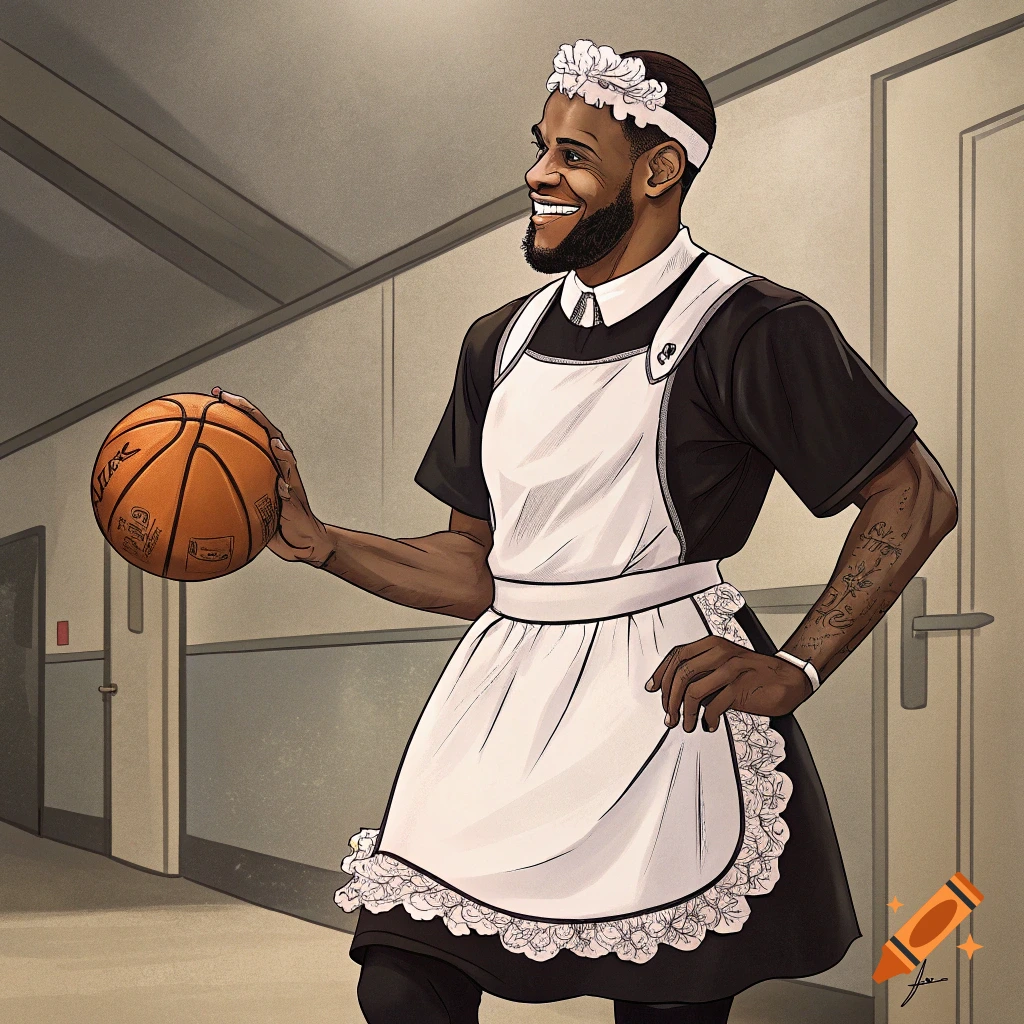 Illustration of LeBron James in a maid outfit holding a basketball