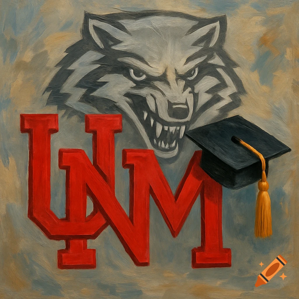 Painting of the red UNM logo, a gray wolf mascot, and a black graduation cap.