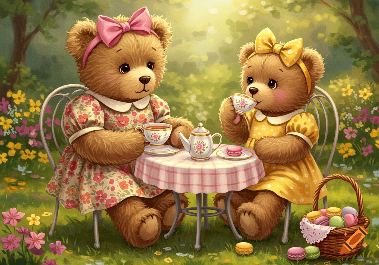 Two teddy bears in dresses have a tea party in a sunny garden.