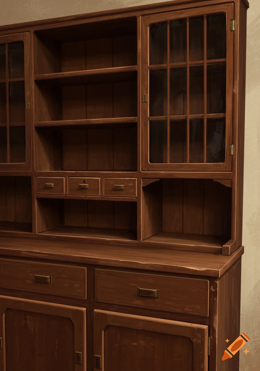 A dark wooden kitchen hutch with glass doors, shelves, and drawers.