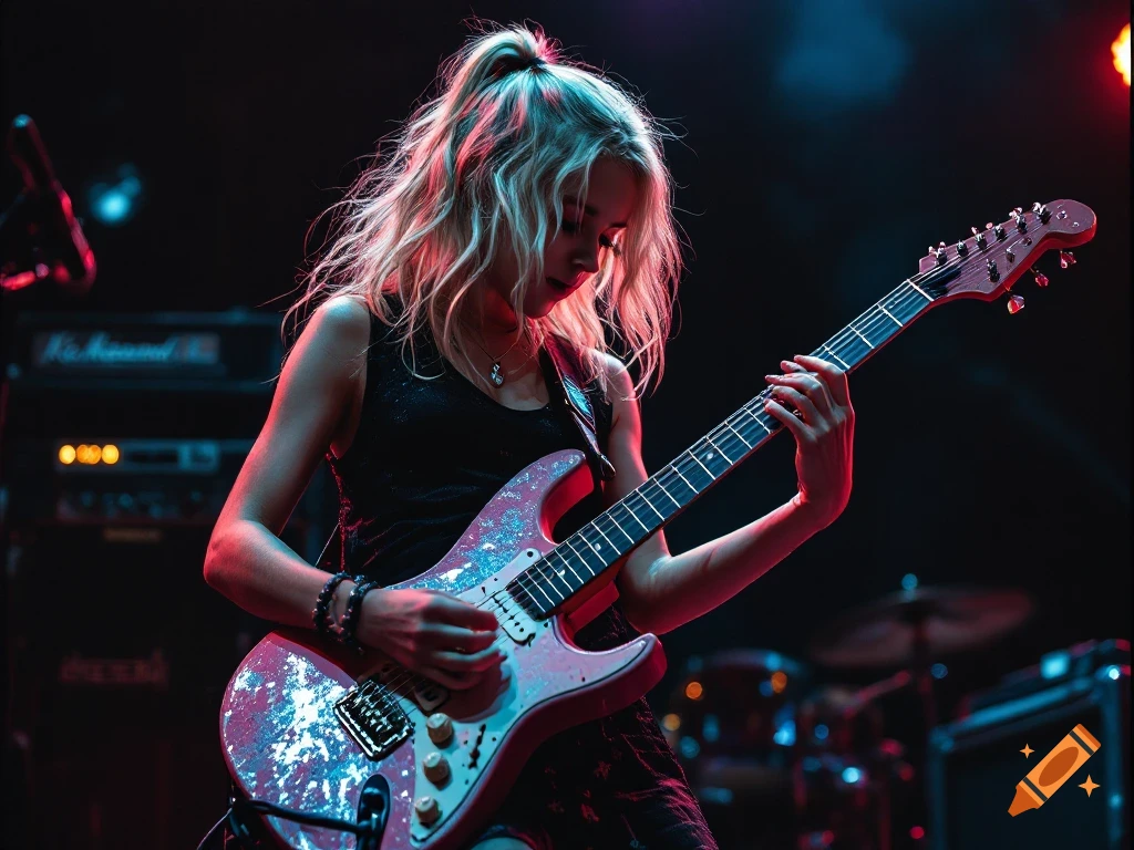 A woman with blonde hair plays a pink glitter electric guitar on stage under red and blue lights.