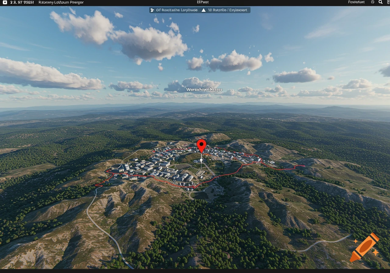 Aerial view of a town in a valley surrounded by green hills under a blue sky with clouds, with a red marker and map overlay.