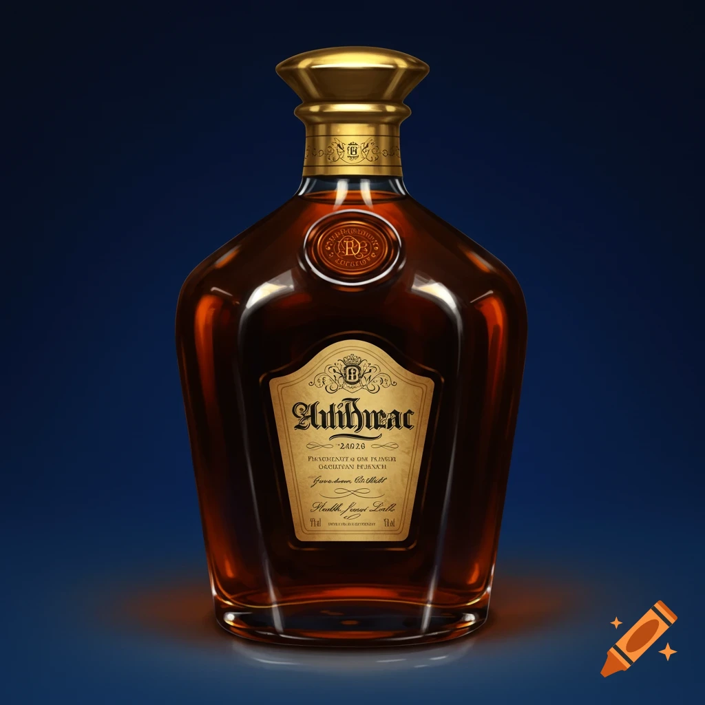 A photorealistic image of an exquisite amber liquid bottle with gold cap and label on a dark blue background.