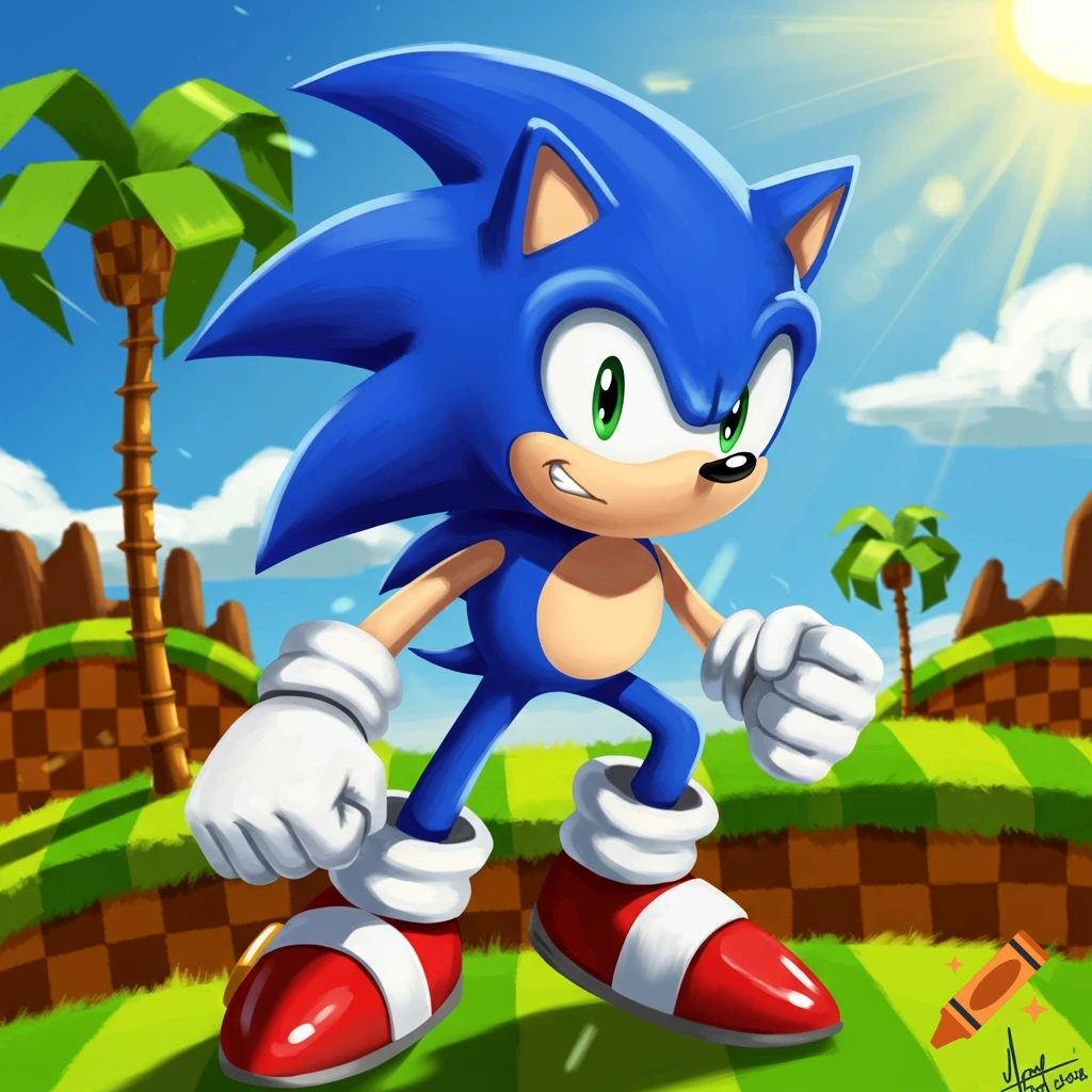 Sonic the Hedgehog stands in Green Hill Zone in a bright cartoon illustration.