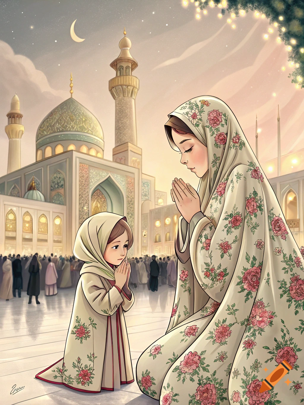 Illustration of a mother and child praying at a mosque, with a crowd in the background.