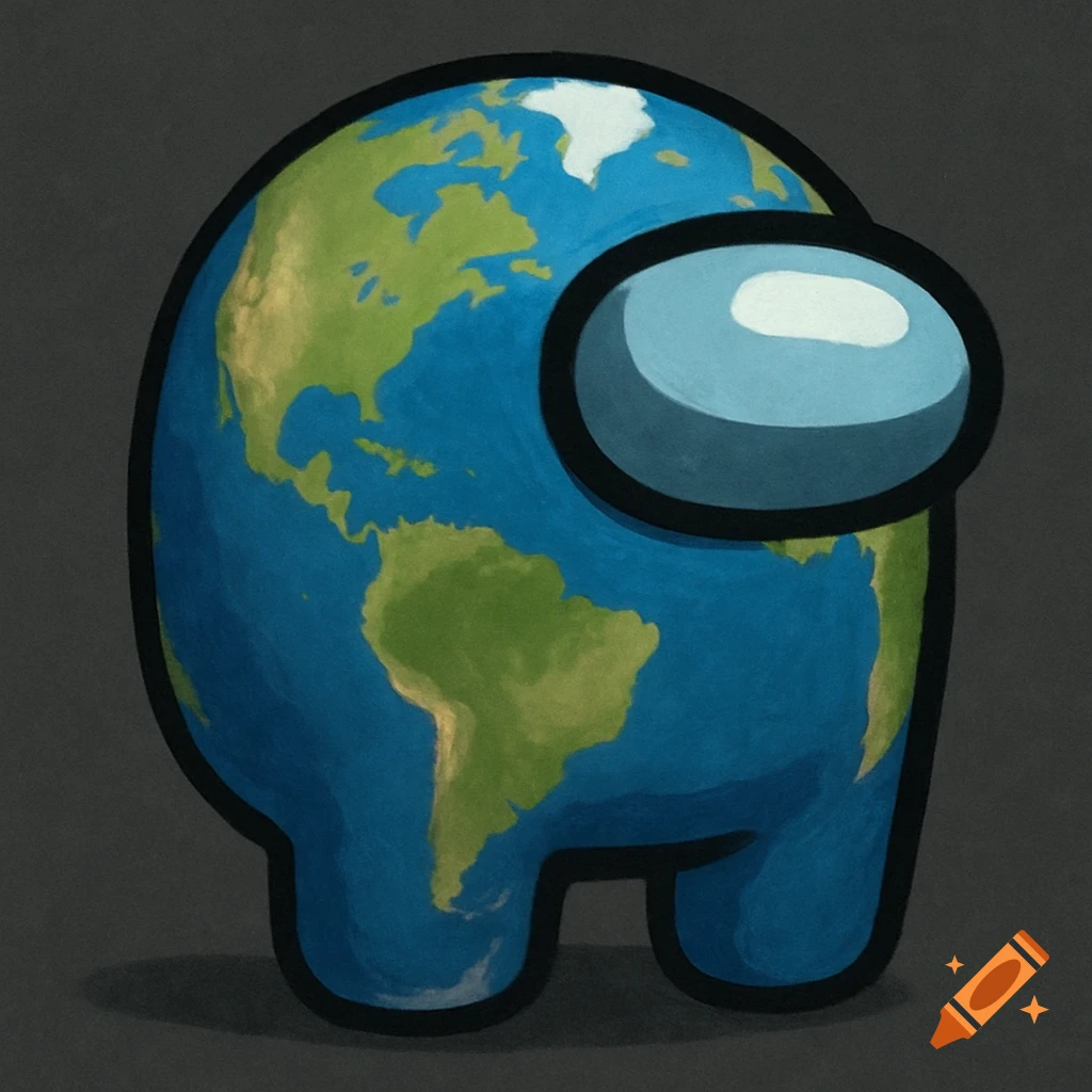 An Among Us character shaped like the planet Earth, showing continents, on a grey background.