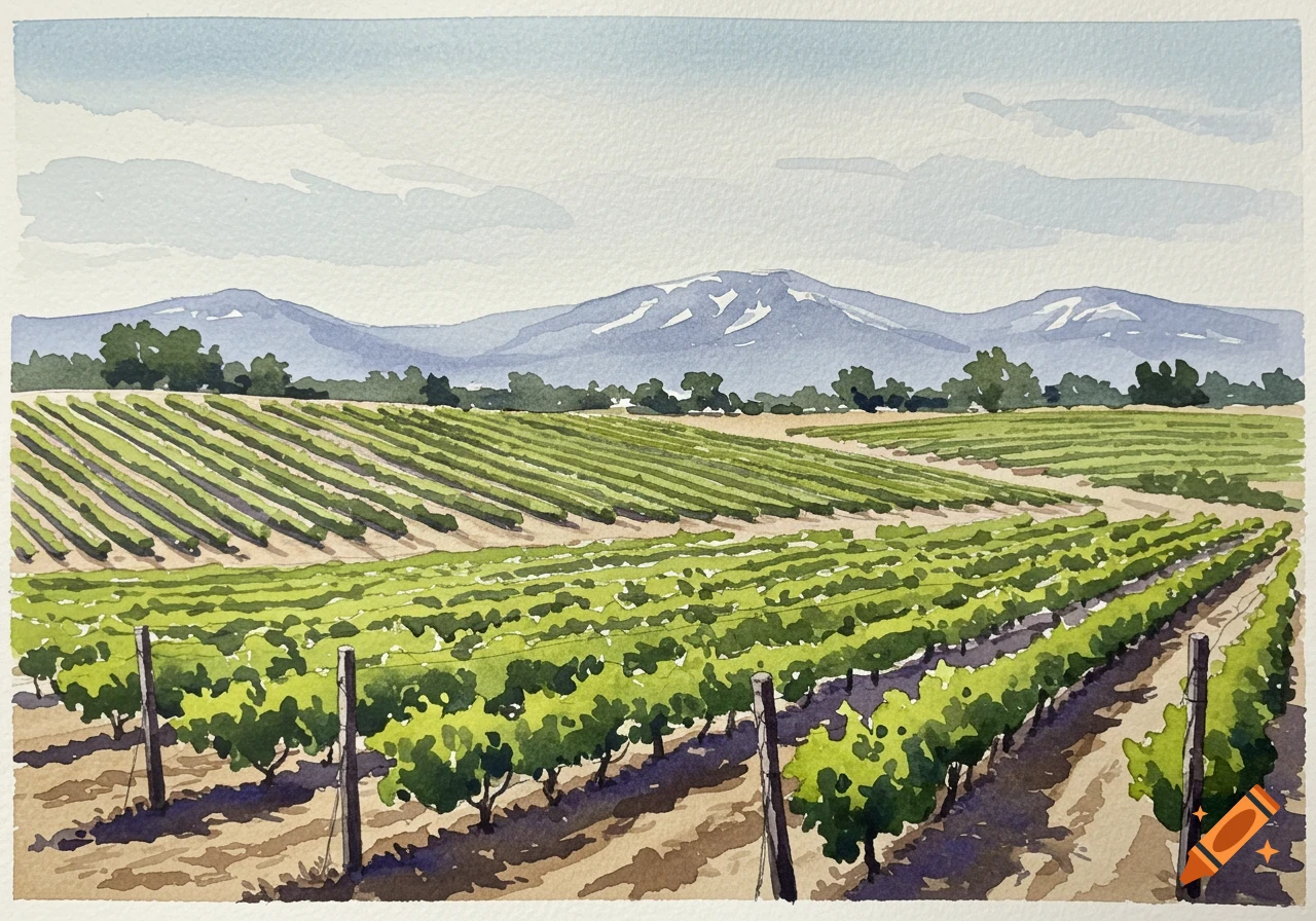 A watercolor painting of a vineyard landscape with rows of green vines leading to trees and snow-capped mountains under a cloudy sky.