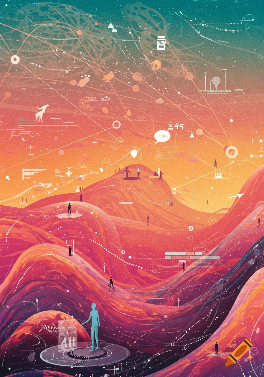 Abstract digital landscape with flowing terrain, figures, and ...