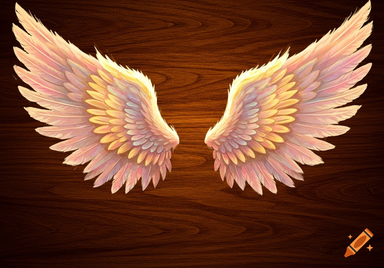 Pair of feathered wings on a wooden background.