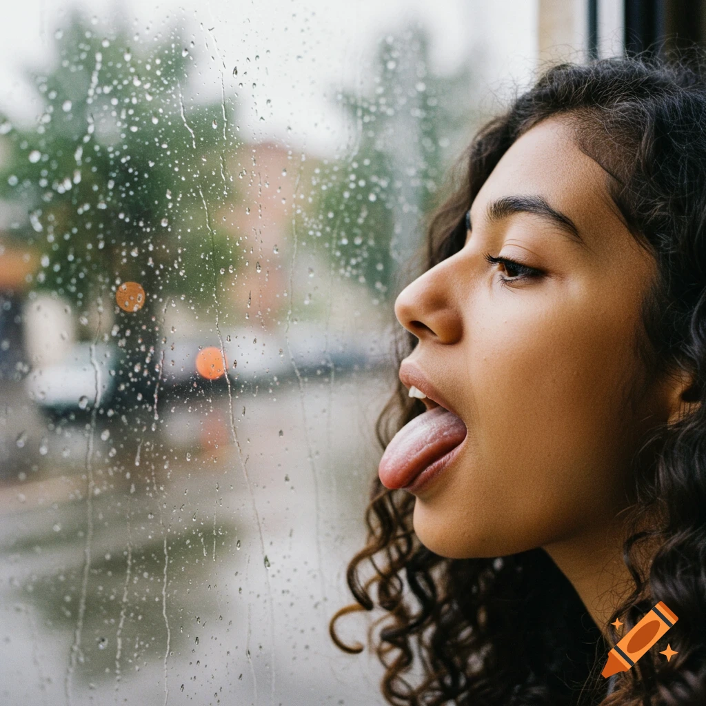 Photorealistic close-up of a person with tongue out licking a rainy window