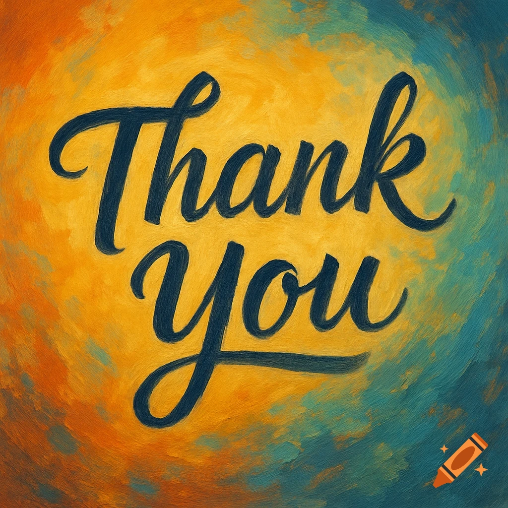 Thank You text on a textured yellow, orange, and blue background with a painterly style.