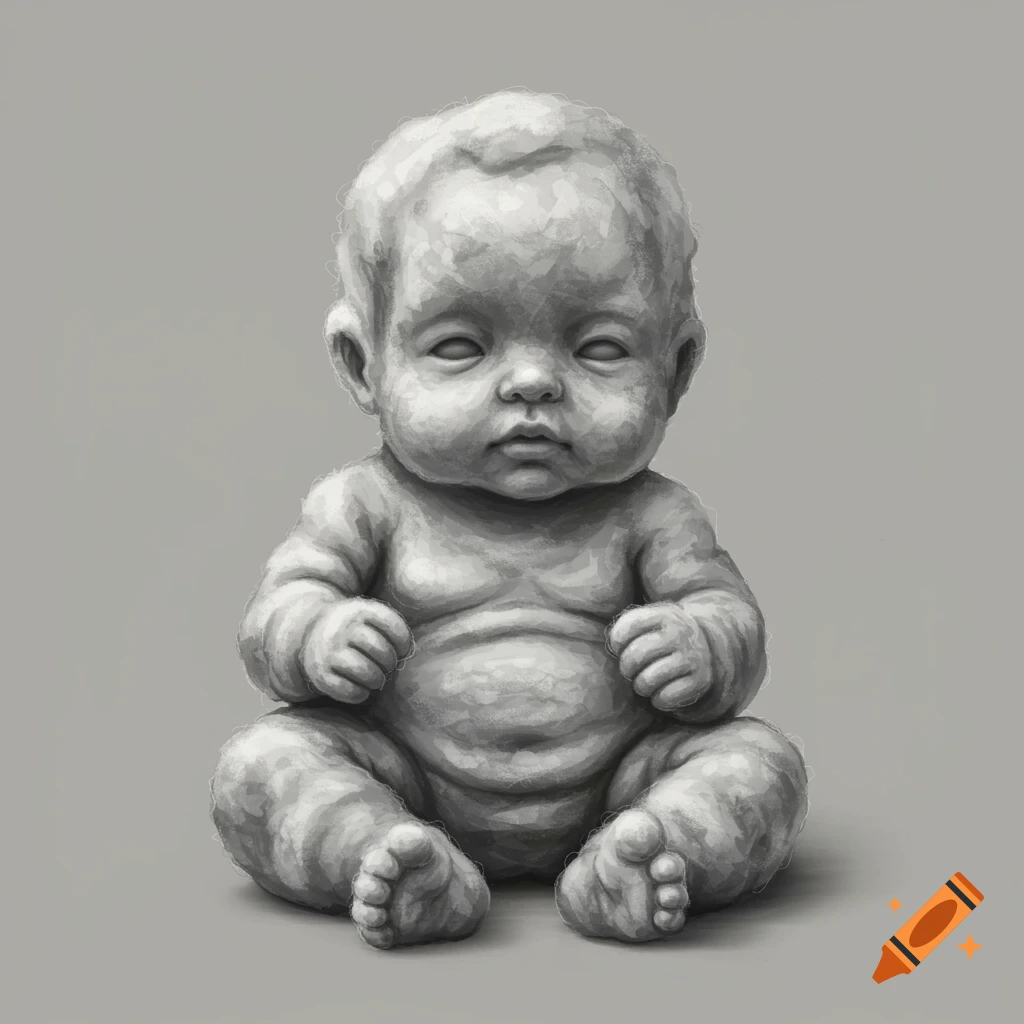 Grayscale illustration of a seated baby with a textured appearance.