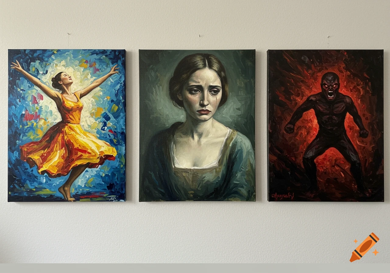 Three painterly canvas prints on a wall: a dancing woman, a crying woman, and a monster.