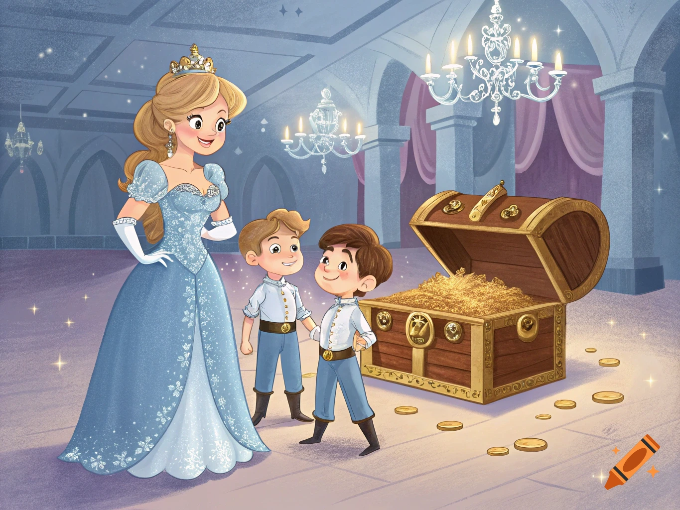 Illustration of a princess and two boys standing next to a treasure chest full of gold in a grand hall.