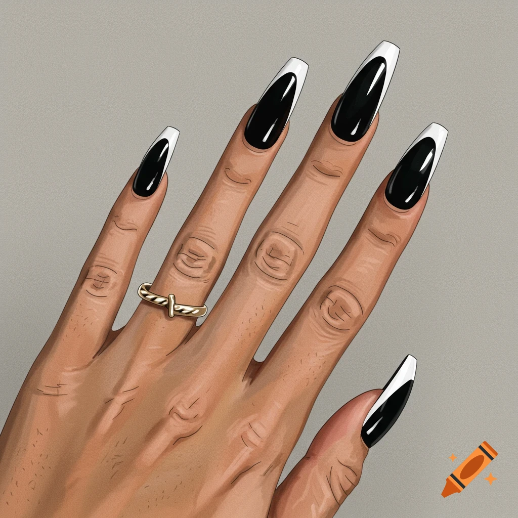 Hand with black and white French tip nails and a ring.