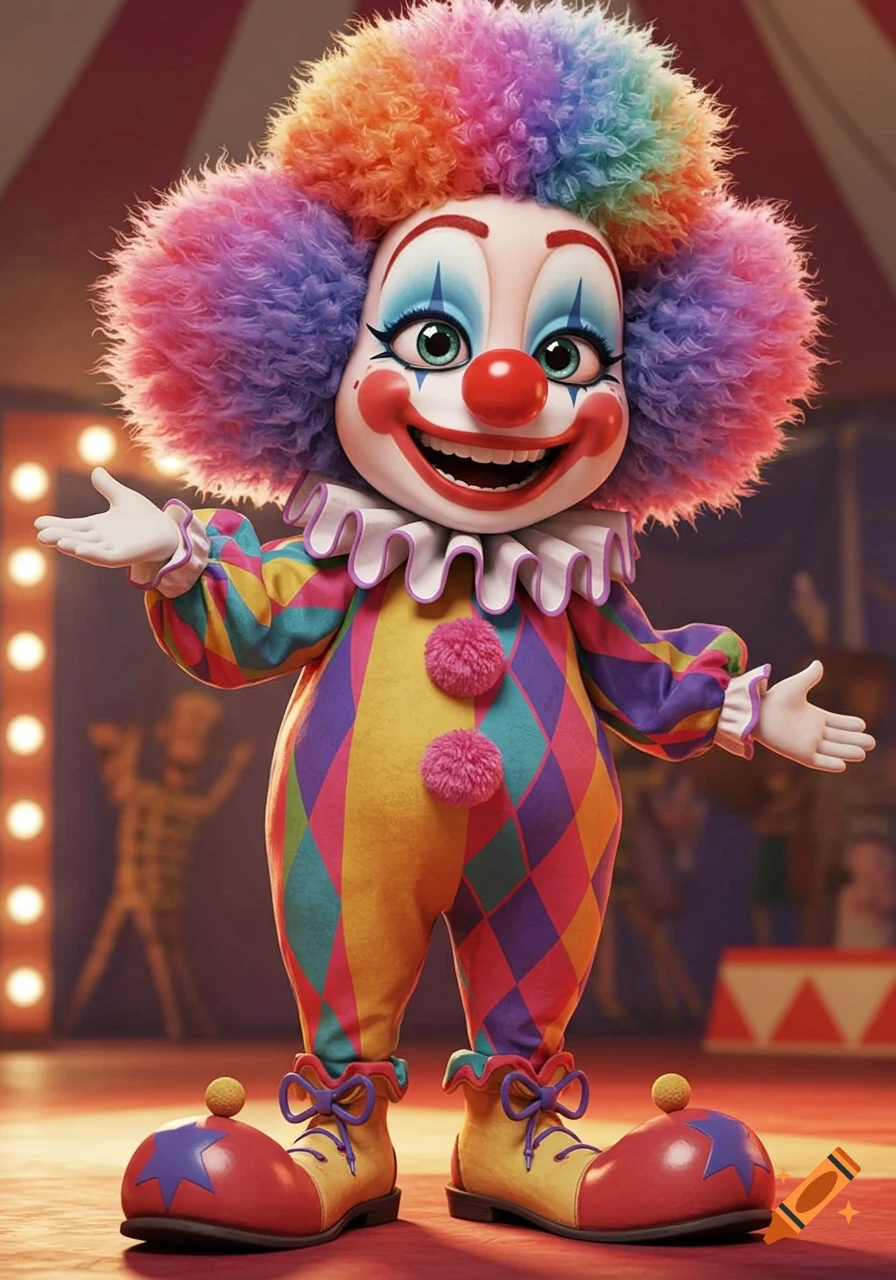 A colorful, smiling clown with rainbow hair stands in a circus tent with arms open wide.