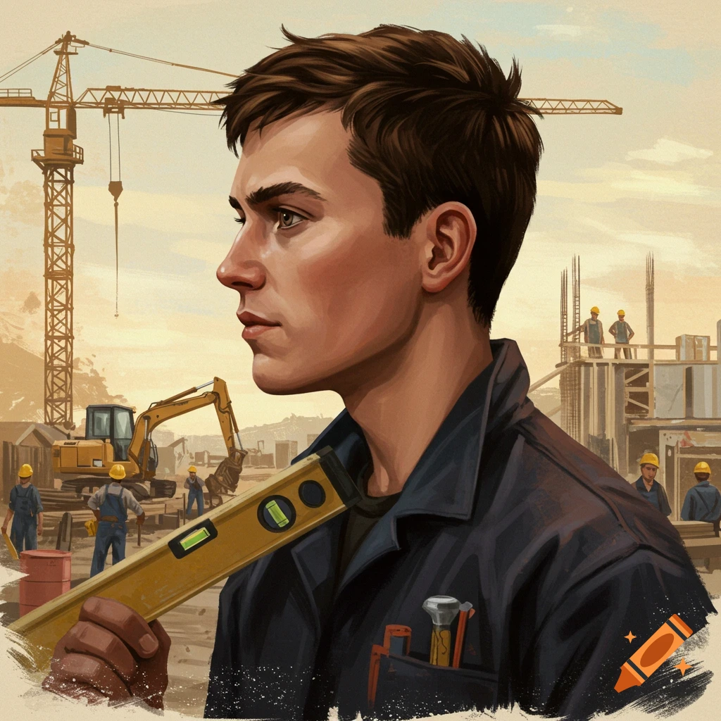 Profile view of a construction worker holding a level with a building site and crane in the background.