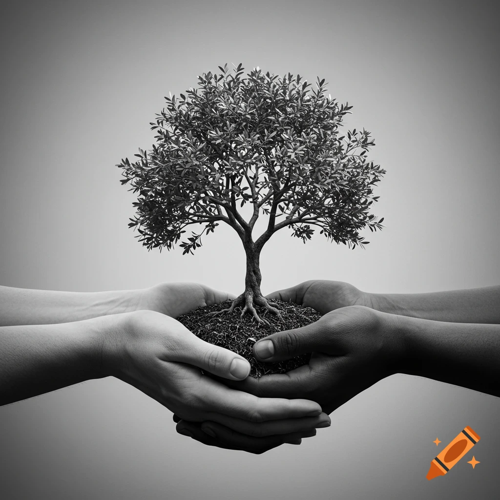 Two pairs of hands, one light, one dark, cup together holding a small tree. Black and white photorealistic style.