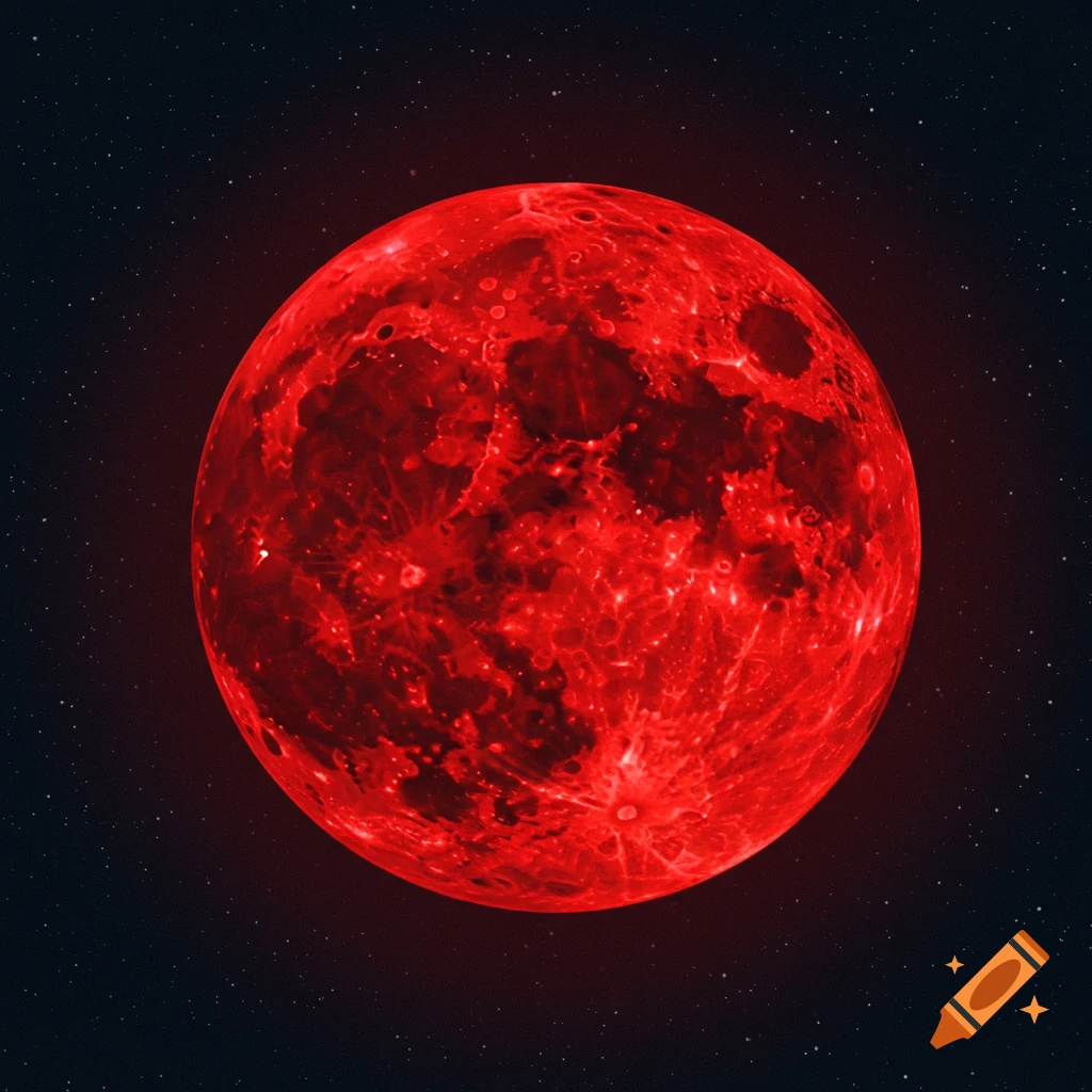 A vibrant red full moon hangs in a dark sky filled with stars.