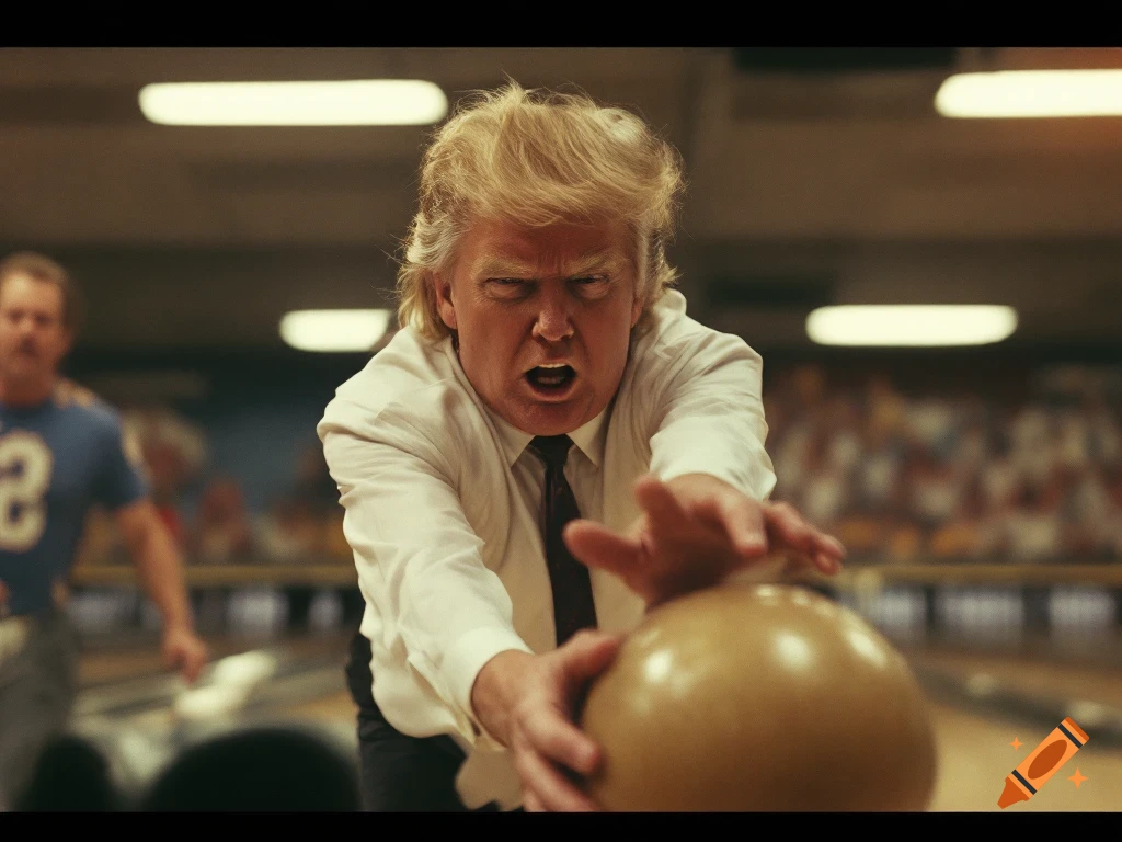 Person resembling Donald Trump bowling aggressively in a 1970s style photo.