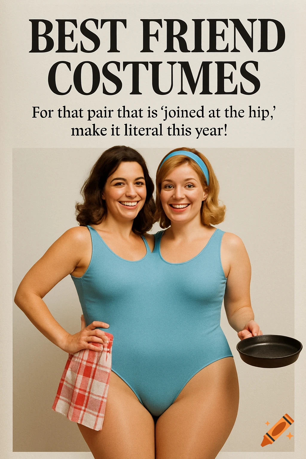 Two women sharing a single blue leotard as a 'joined at the hip' best friend costume, like a magazine page.