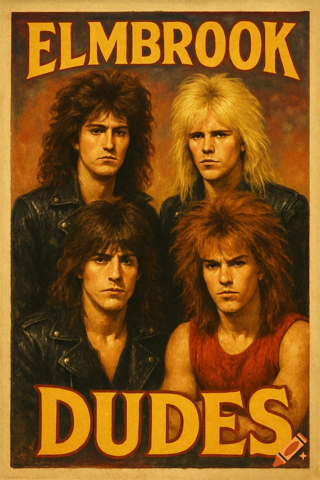 Vintage 1980s band poster with four men, text reads 'Elmbrook Dudes'.