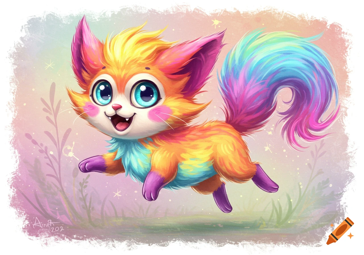 A cute, fluffy, colorful creature with large eyes jumps in a field.