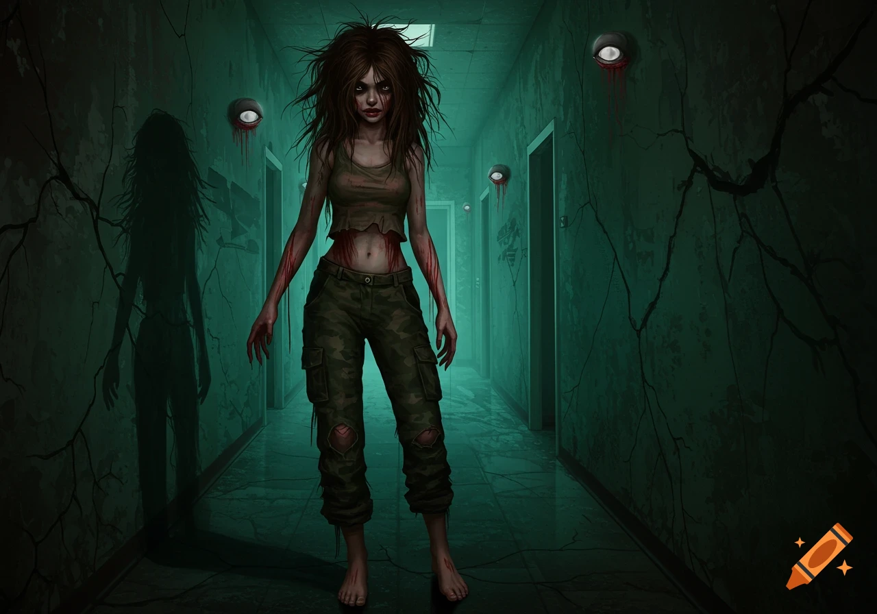 A creepy figure with messy hair and blood stains stands in a dim, cracked hallway with eyes on the walls.