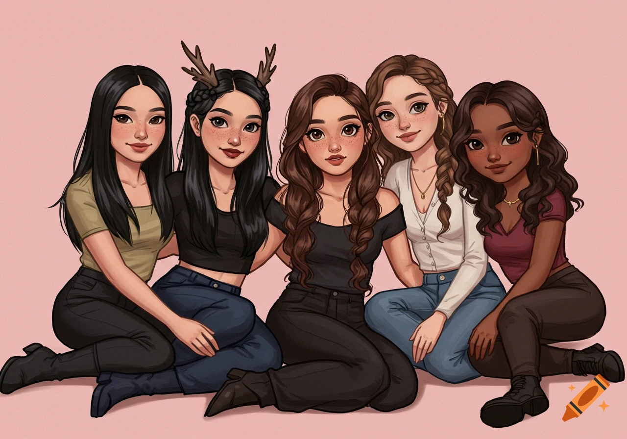 Stylized illustration of five friends sitting together.