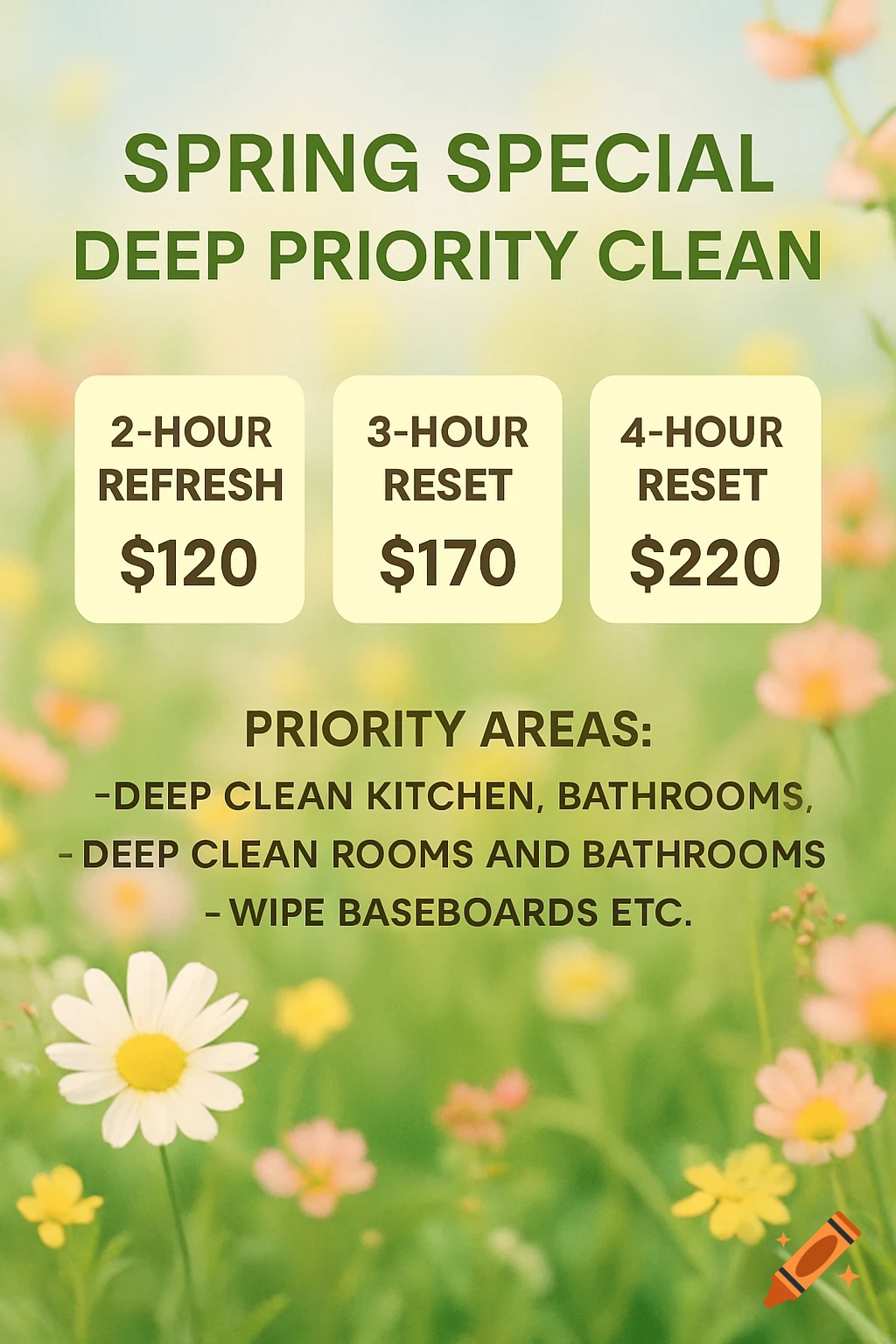 Advertisement for spring special deep priority cleaning services listing 2, 3, and 4 hour options and prices against a floral background.
