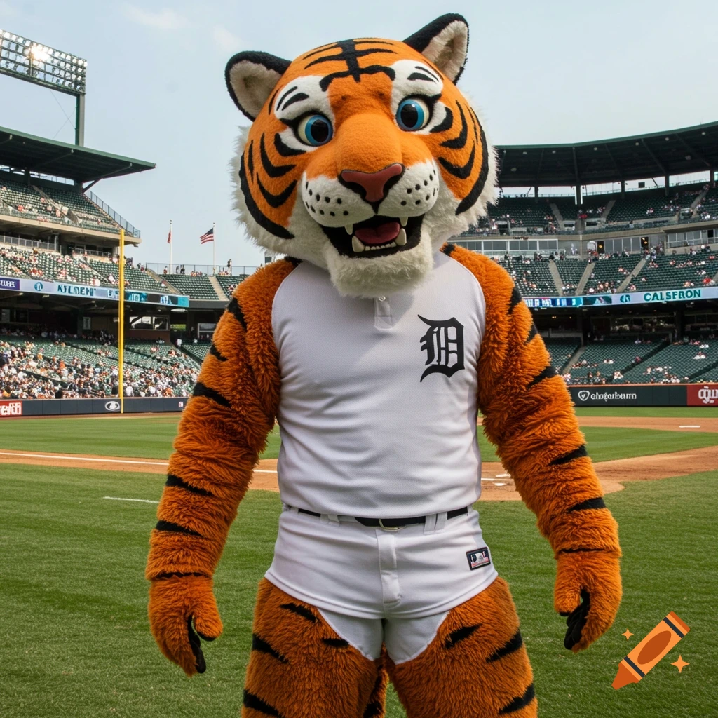 A tiger mascot stands on a baseball field