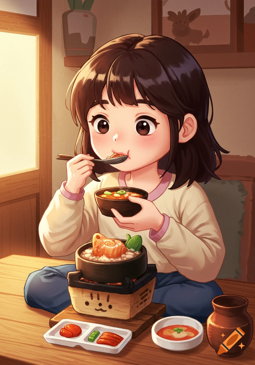 Anime illustration of a girl eating a bowl of food at a low table.
