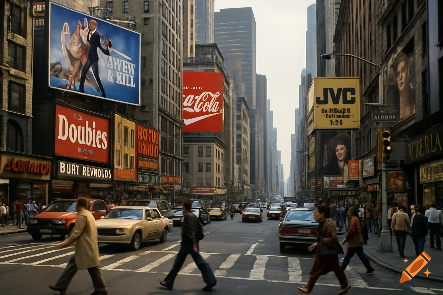 Busy 1980s city street with pedestrians, cars, tall buildings, and large billboards.