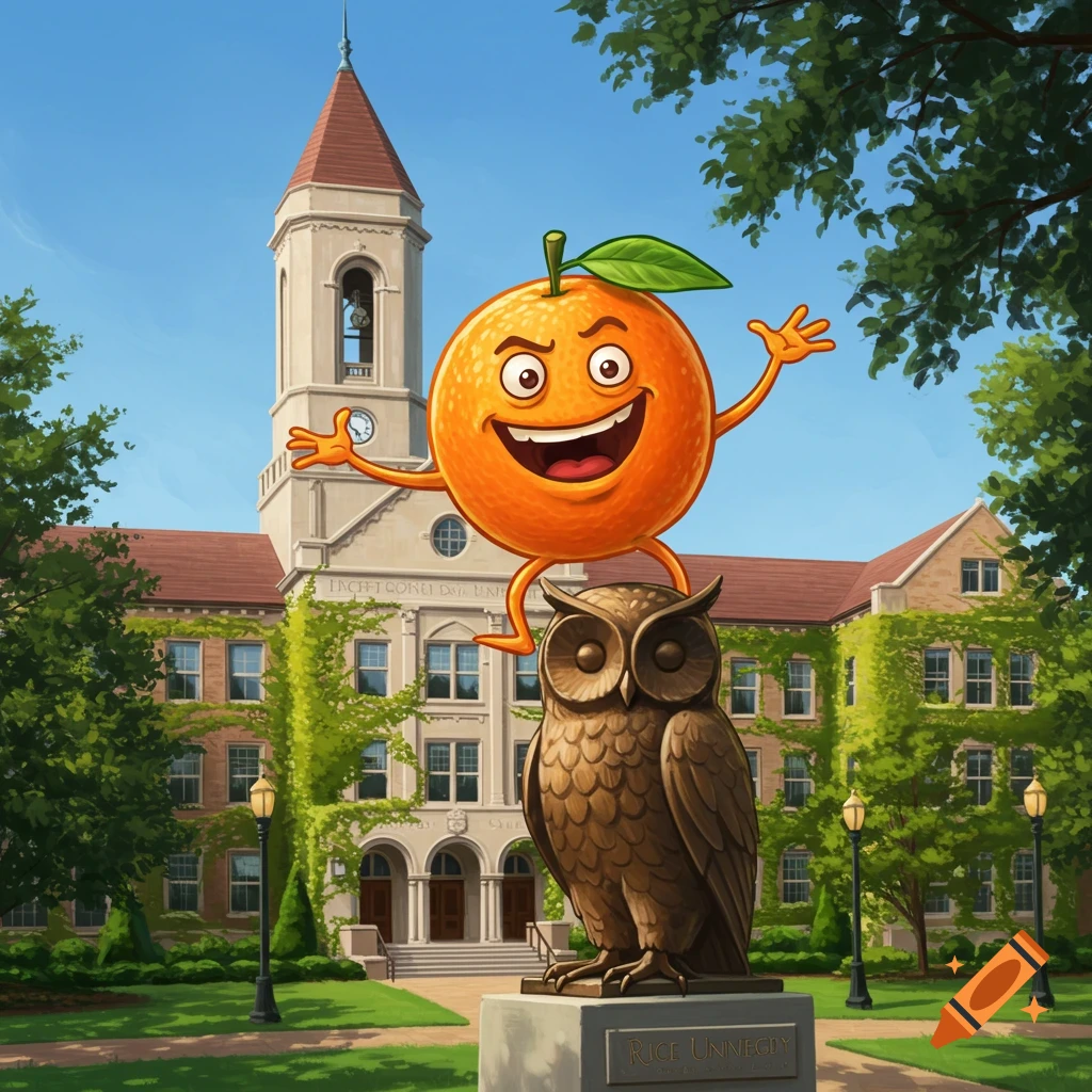 A cartoon orange stands on an owl statue in front of a university building.