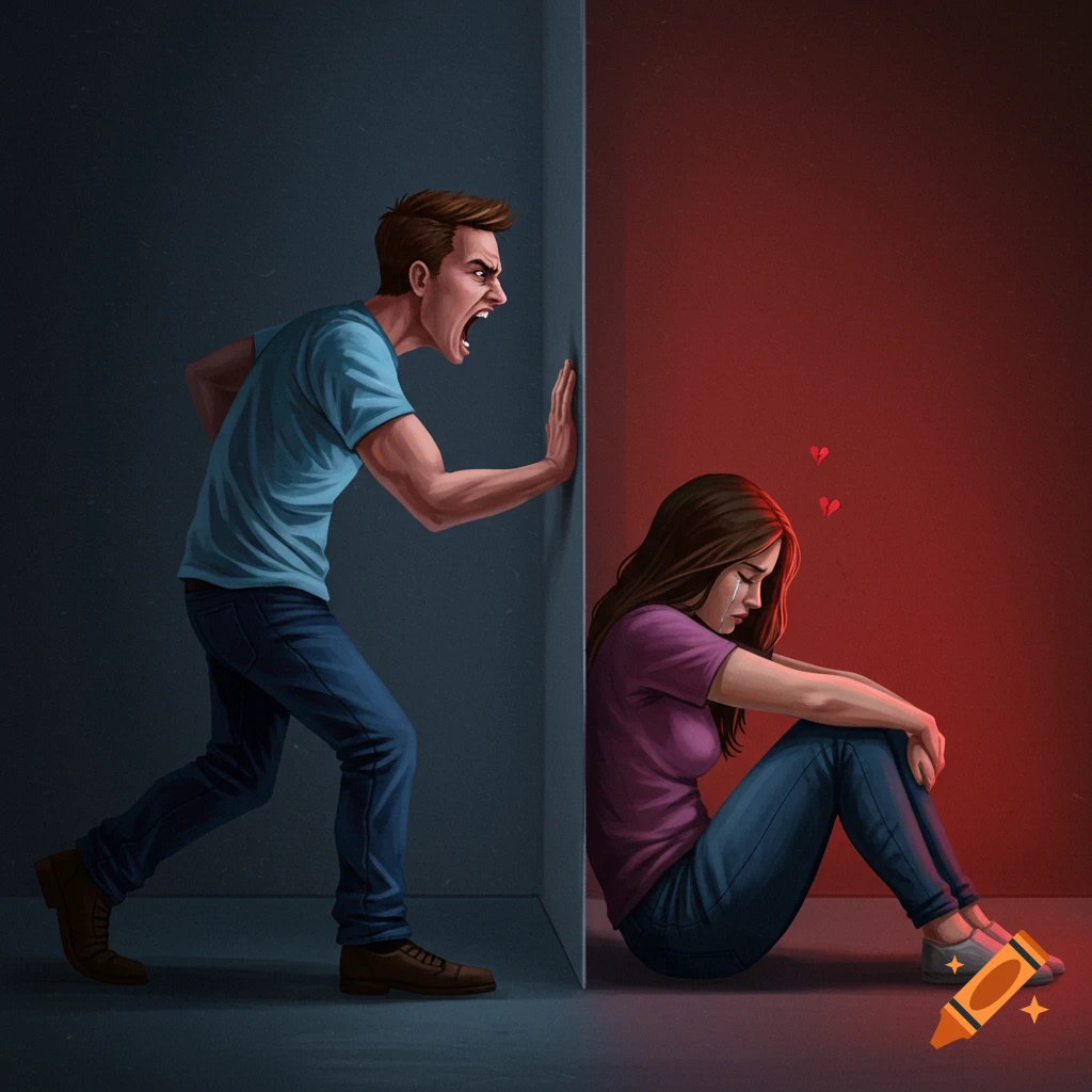 Illustration of a man shouting at a wall while a woman cries on the other side.