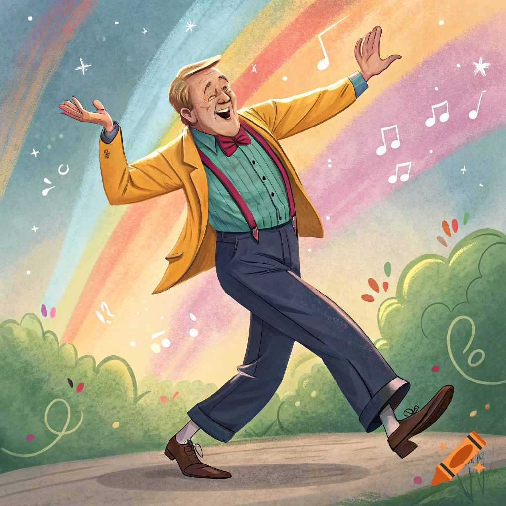 Man dancing happily under a rainbow with music notes in an illustration style.
