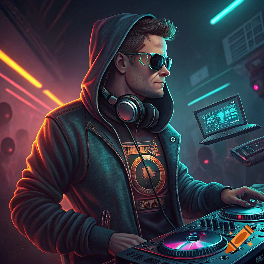 A cool DJ in a hoodie, sunglasses, and headphones works a mixing board in a neon-lit club.