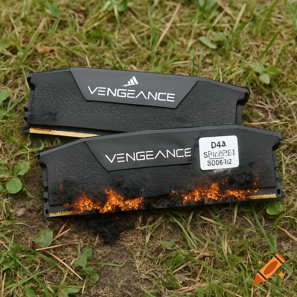 Two black computer RAM sticks lie on grass, one burnt and smoking.