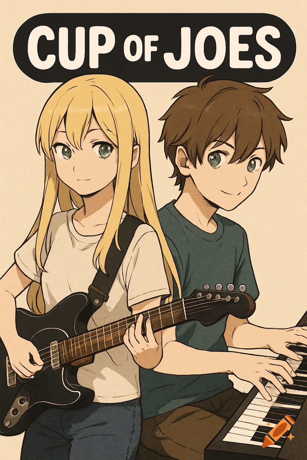 An anime girl plays guitar next to an anime boy playing piano, with the text "CUP OF JOES".