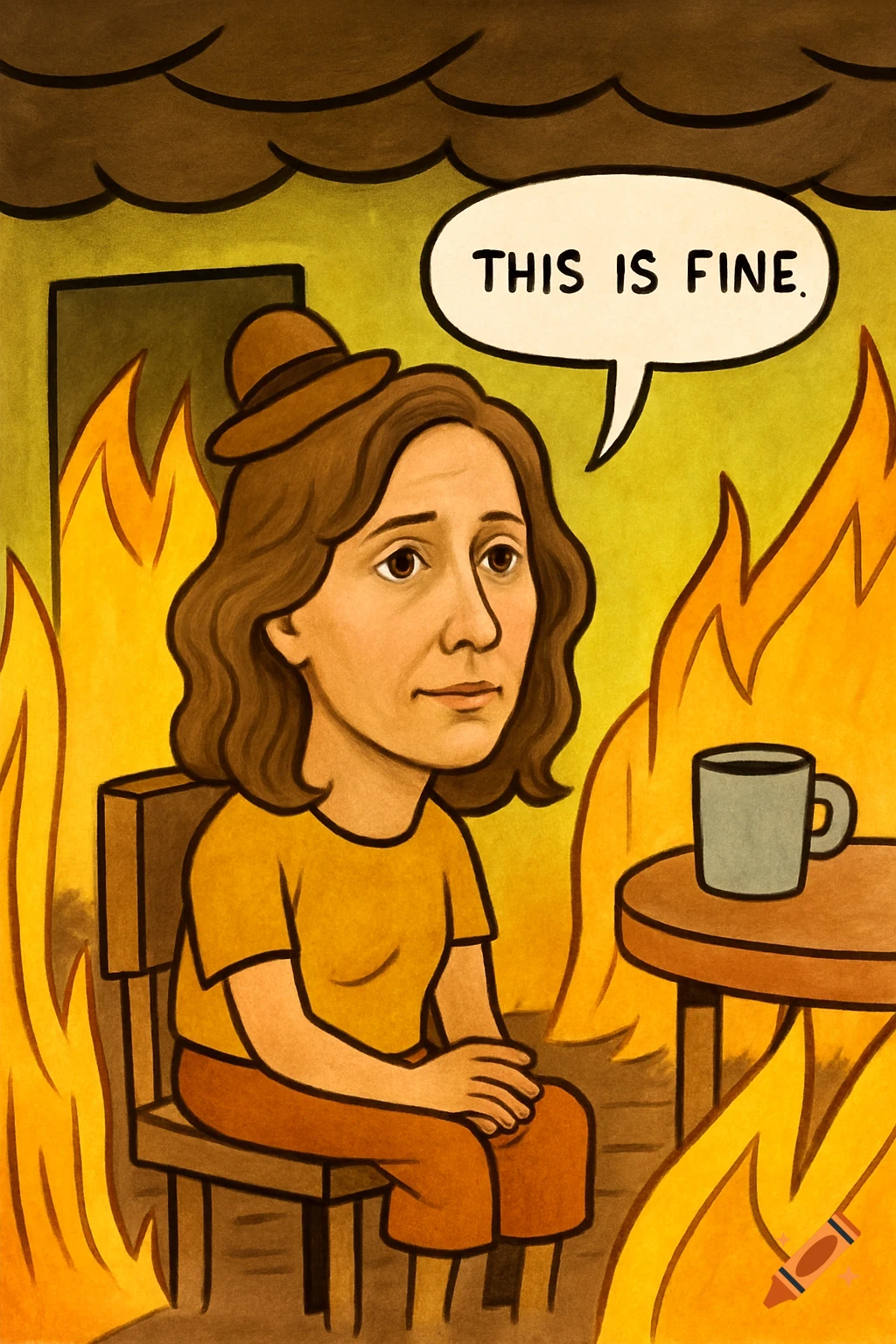 Cartoon of a woman sitting calmly in a burning room saying 'This is ...